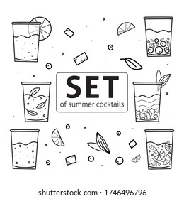 Vector illustration set of summer cocktails and mint leaves, fruits, berries. The glassesful with cocktails. Black and white illustration vector isolated on white background. Spring. Summer.