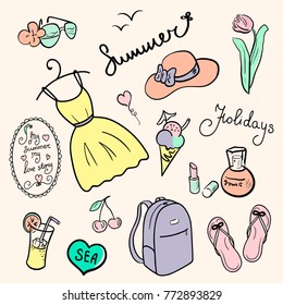 Vector illustration set of summer colorful pictures. Tourism and romantic summer sketch with elements of travel and handwritten text. Women's collection of handmade.Isolated photo on light background.