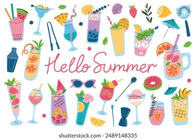 Vector illustration set of summer drinks and mocktails, colorful lemonades, juices, and refreshing alcohol beverages in glasses with fruits, berries, cocktail accessories, hello summer lettering