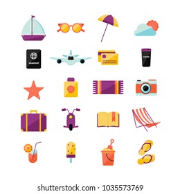 Vector Illustration. Set with summer icons, such as: ship, sunglasses, umbrella, sun and cloud, passport, plane, credit card, thermo mug, seastar, suncream, towel, camera, bag, motoscooter, book