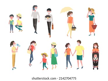 Vector illustration set of summer people wearing masks