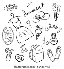 Vector illustration set of summer pictures. Tourism and a romantic summer sketch with elements of travel and handwritten text. Collection of handmade.Isolated photo on light background. Women's theme