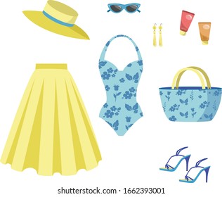 
Vector illustration of a set of summer women's clothing for vacation in blue and yellow colors.