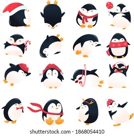 A vector illustration set of super cute cartoon holiday penguins in various pose set.