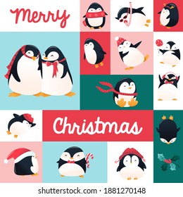 A vector illustration set of super cute cartoon holiday penguins mosaic grid decoration.