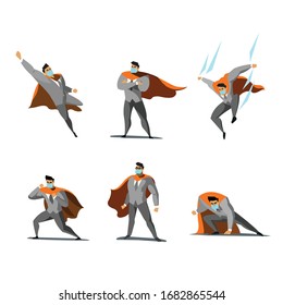 Vector illustration set of super hero characters masked man. Business protection during the epidemic. Virus protection wear.