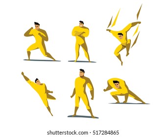 Vector illustration set of Superhero actions, different poses, business power icons set,  cartoon colored style, yellow costume 