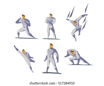 Vector illustration set of Superhero actions, different poses, business power icons set,  cartoon colored style, white costume 