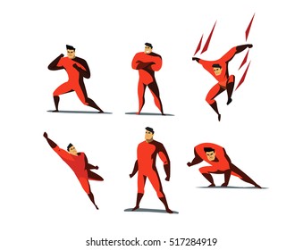 Vector illustration set of Superhero actions, different poses, business power icons set,  cartoon colored style, red costume 