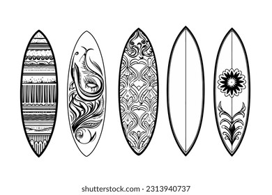 Vector Illustration, Set Illustration of Surfing Board with Ornament, lineart