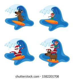 Vector illustration set of surfing Christmas characters