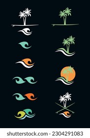 Vector illustration of set of surfing themed logos. Artwork in graphic style.