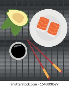 
Vector illustration of a set of sushi on a gray rug with bamboo. Asian sushi food on a ceramic bowl with sushi chopsticks, avocado and soy sauce. Flat minimalism trout sushi top view