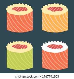 Ilustración vectorial de sushi enrollado en carne de salmón, tema de restaurante y cocina japonesa, perfecta para la publicidad de productos alimenticios