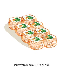 vector illustration. set sushi rolls, watercolor work. ideal for menu design.
