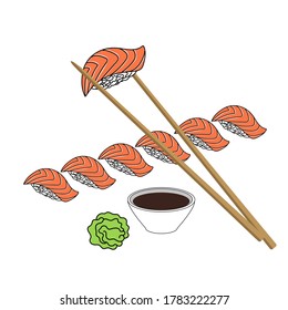 vector illustration set sushi salmon with wasabi, soy sauce and ginger. Chopsticks with sushi