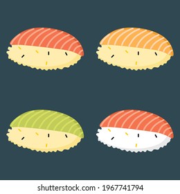 Vector illustration set of sushi with salmon meat on it, restaurant theme and Japanese cuisine, suitable for advertisement of food products