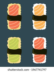Vector illustration set of sushi with salmon meat tied with seaweed, Japanese restaurant and food theme, suitable for advertising of food products
