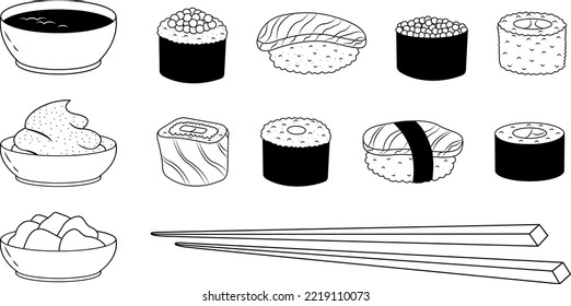 Vector illustration of a set of sushi, sauces and chopsticks highlighted on a white background.Dishes of traditional Japanese cuisine.A bottle of soy sauce,chopsticks,nigiri, tamago, uramaki,futomaki.