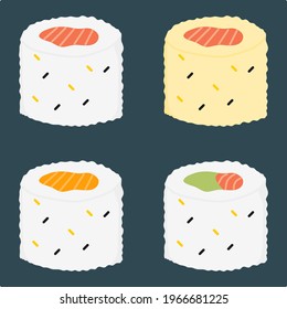 Vector illustration set of sushi with white rice and salmon filled with meat, restaurant theme and Japanese cuisine, suitable for advertising of food products