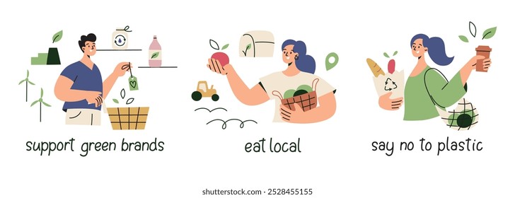 Conjunto de Ilustración vectorial de sostenibilidad y hábitos ecológicos. Personas que apoyan las marcas verdes, comen alimentos locales y dicen no al plástico. Estilo plano de la historieta perfecto para la conciencia ambiental