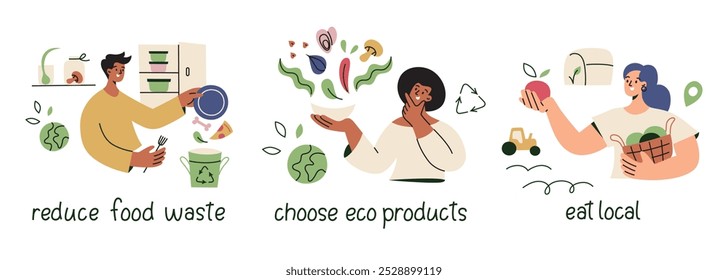 Conjunto de Ilustración vectorial de sostenibilidad y hábitos ecológicos. Personas para reducir el desperdicio de alimentos, elegir productos ecológicos, consumir alimentos locales. Estilo plano de la historieta perfecto para los diseños de la conciencia ambiental