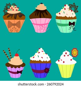 Vector illustration. Set of sweet cupcakes.