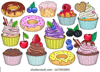 Vector illustration. Set of sweet desserts. Cakes, cupcakes, and doughnuts.