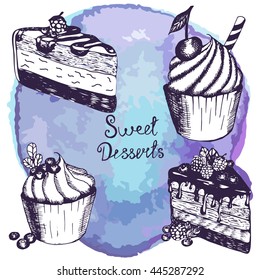 Vector illustration. Set of sweet desserts sketch on watercolor background. Ice cream , muffin , cake . Elements for menu design. Lavender colour.
