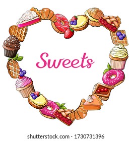 Vector illustration set sweets bakery pastry heart love