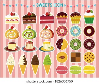 Vektorgrafik-Set von Süßigkeiten. Kuchen, Donuts, Weicheis
