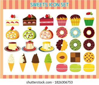 Vector illustration set of sweets. Cakes, donuts, soft serve ice cream