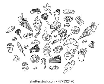 Vector illustration set of sweets. Painted by hand in the doodle.Sweets on a white background. Sweets vector. Sweets doodle. Sweets illustration.Sweets isolated.Sweets icon. Sweets logo. Sweets.