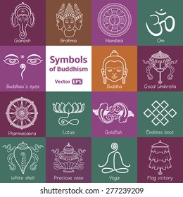 Vector illustration. Set symbols of Buddhism white outline. Oriental symbols.