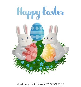 Vector illustration with set symbols of religious holiday of Easter and lettering with Happy Easter greetings. Two cute hares on grass and flowers are depicted holding decorated, multi colored eggs.