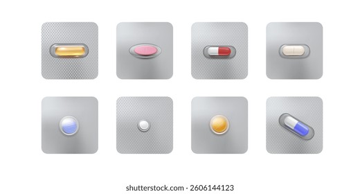 Vector illustration of a set of tablets and capsules of different shapes and colors in individual packaging. Realistic mockups of foil packaging. Isolated background. Medicine and health.