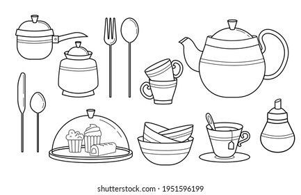 Ilustración vectorial de un conjunto de vajilla. Utensilios de cocina y cubiertos como tazas, cucharas, cuchillos, tenedores, platillos, hervidor de agua, tazón de azúcar, cafetera, escaparate. Estilo de línea dibujado a mano.