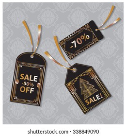 Vector illustration a set of tags in art deco style, rich golden color