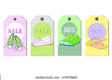 Vector illustration of Set Tags hand drawn graphic Man and Women Footwear, shoes for store discount. Casual and sport style, gumshoes Shoes for all seasons. Moccasins, sneakers, boots, pumps.