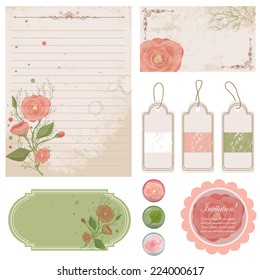Vector illustration of a set of tags labels and scrap paper for design and decoration with flowers in tender colors