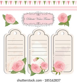 Vector illustration of a set of tags and other design elements with tender pink roses for scrap booking, prints, etc