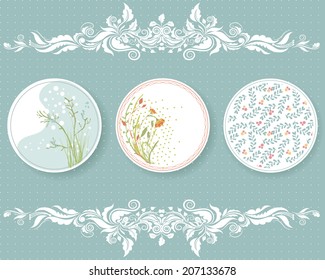 Vector illustration of a set of tags in tender colors, romantic, floral theme with calligraphic ornamental chapter dividers in Victorian style