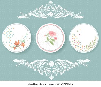 Vector illustration of a set of tags in tender colors, romantic, floral theme with calligraphic ornamental chapter dividers in Victorian style