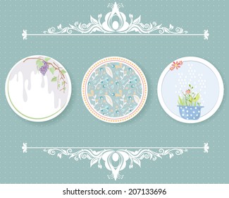 Vector illustration of a set of tags in tender colors, romantic, floral theme with calligraphic ornamental chapter dividers in Victorian style