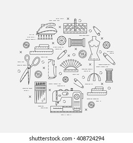 Vector illustration. Set of tailor design elements, icons and emblems. Tailor shop design elements. Sewing tools: machine, steaming iron, box storage, pin cushion, buttons, scissors, etc.
