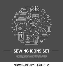 Vector illustration. Set of tailor design elements, icons and emblems. Tailor shop design elements. Sewing tools: machine, steaming iron, box storage, pin cushion, buttons, scissors, etc. 