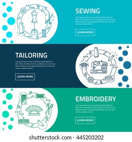 Vector illustration. Set of tailor web design templates, icons and emblems. Tailor online shop design elements. Sewing tools: machine, steaming iron, box storage, pin cushion, buttons, scissors, etc.