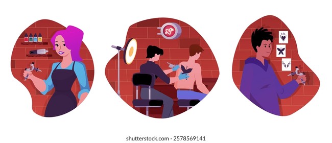 Vector illustration of set with tattoo parlor artists in round frames. Tattoo studio. Characters with equipment in interior rooms. Flat cartoon style. Sticker. Isolated background.