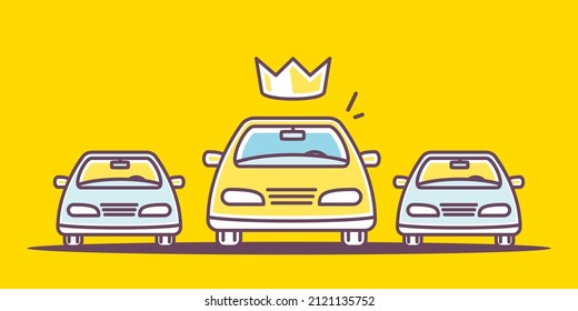 Vector illustration of set of taxi car with crown on yellow background. Line art style design of yellow car service for web, site, banner, print