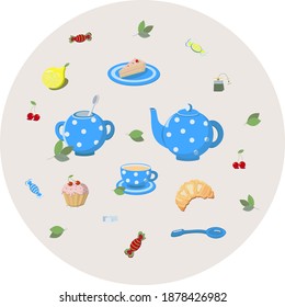 Vector illustration, set. Tea ceremony. Bright blue dishes, sweets, cake. Design for cafe, restaurant, kitchen,for textiles, menu design, culinary recipes, postcards, dishes.